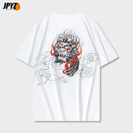 潮牌男士t恤男装短袖宽松纯棉半袖潮流百搭圆领绣花中国风体恤衫商品大图