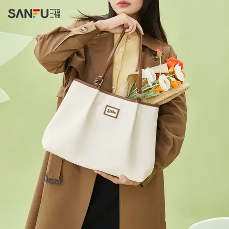 三福托特包女新款大容量白色复古菱格花纹包包通勤单肩挎包463390图片