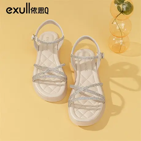 依思q一字带凉鞋女夏季2024年新款高级感水钻软底露趾罗马沙滩鞋商品大图