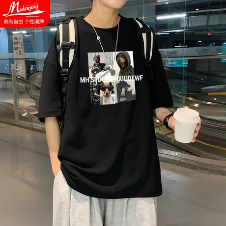 黑色美式复古oversize夏季短袖t恤男小众国潮牌高街宽松大码半袖商品大图