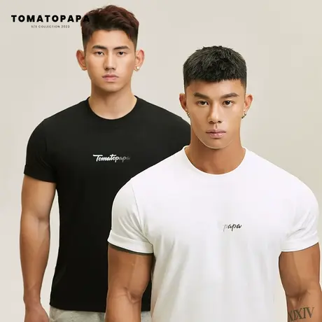TOMATOPAPA原创夏季短袖t恤圆领男渐变刺绣字母透气凉百搭男上衣商品大图