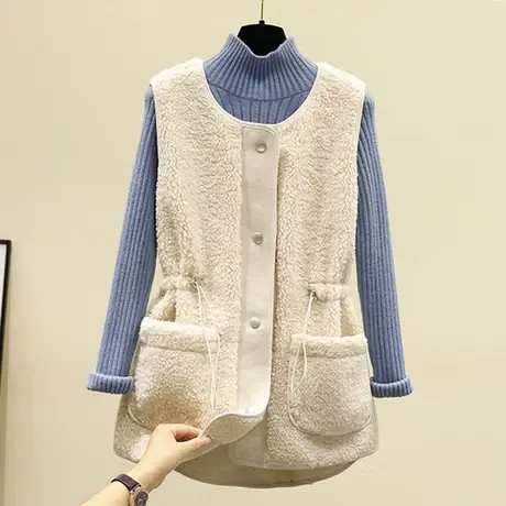 羊羔毛中长款马甲女2023年秋冬新款韩版宽松大码抽绳马夹坎肩外套图片