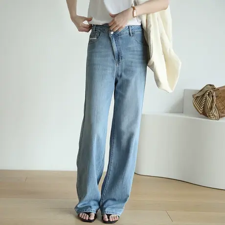 嘉茱莉2023新款高腰直筒牛仔裤女夏季薄款阔腿裤宽松垂感拖地裤子商品大图