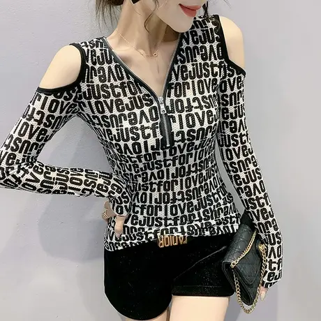 性感露肩长袖T恤女2023春秋新款网纱拉链V领上衣内搭洋气打底衫潮图片