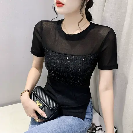 夜店风女装性感微透T恤女洋气网纱拼接上衣设计感时尚亮片小衫夏商品大图