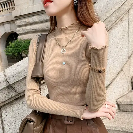 2023新款半高领毛衣女打底衫秋冬薄款修身中领西装内搭长袖针织衫图片