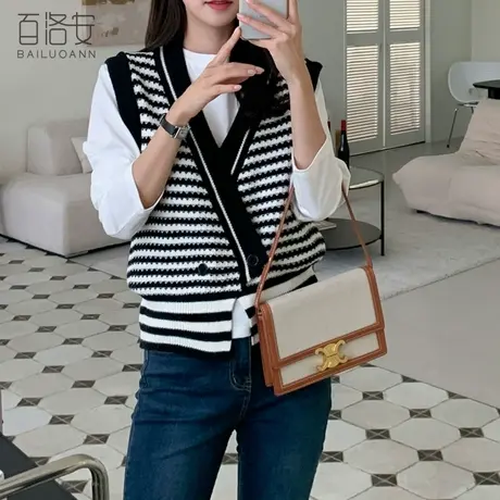 百洛安黑白条纹无袖毛衣背心女上衣外搭打底宽松洋气针织衫马甲潮商品大图