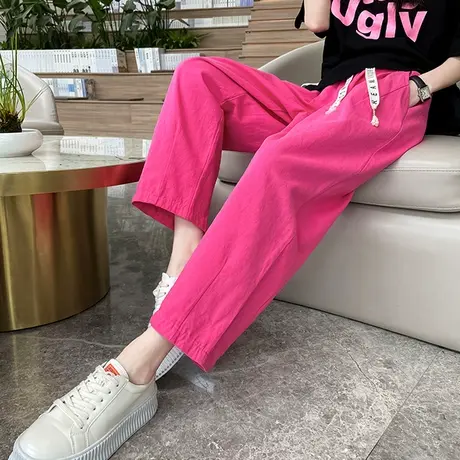 九分裤女遮肉宽松休闲哈伦潮彩色春秋新款松小个子紧腰灯笼阔腿裤商品大图