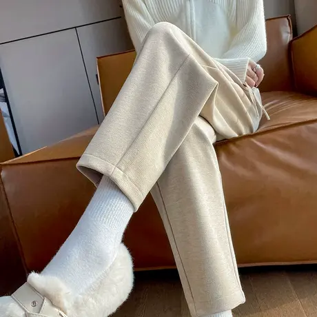 卡其运动裤女秋季2023新款高腰宽松显瘦九分仿羊绒哈伦老爹萝卜裤图片