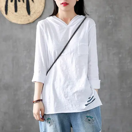 dza白色纯棉宽松t恤女士2022新款春秋连帽破洞体恤长袖上衣打底衫商品大图