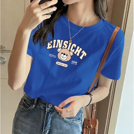 基础款正肩纯棉短袖T恤女克莱因蓝色夏季宽松内搭打底衫洋气上衣图片