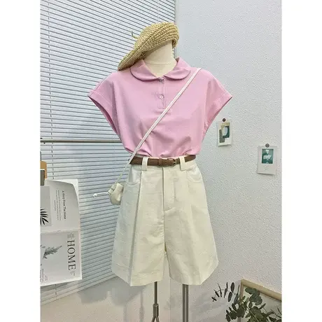 夏季新款学院风小众翻领飞飞袖短袖T恤女2023polo宽松纯色上衣潮图片