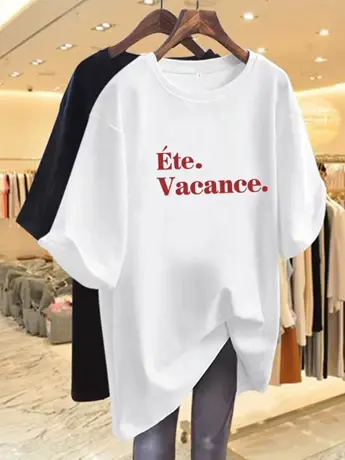 白色仿棉印花圆领半袖宽松oversize短袖t恤女夏季2023年新款上衣商品大图