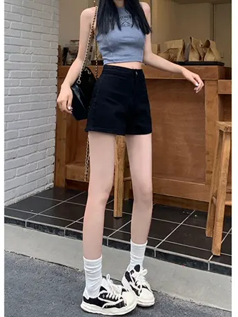 韩版高腰直筒牛仔短裤女2023年新款春夏黑色弹力显瘦辣妹a字短裤商品大图