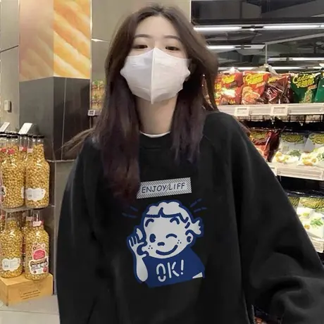 黑色卫衣女复古美式圆领宽松慵懒风春秋2022新款落肩外套上衣ins图片