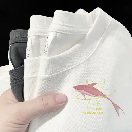 胖mm前后印花t恤女oversize纯棉情侣ins鲸鱼大码宽松白色短袖上衣图片