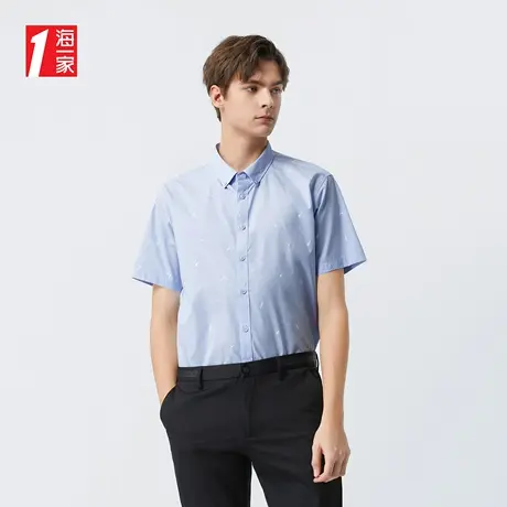 海一家清新条纹短衬新款扣领尖领休闲时尚印花短袖衬衫男图片