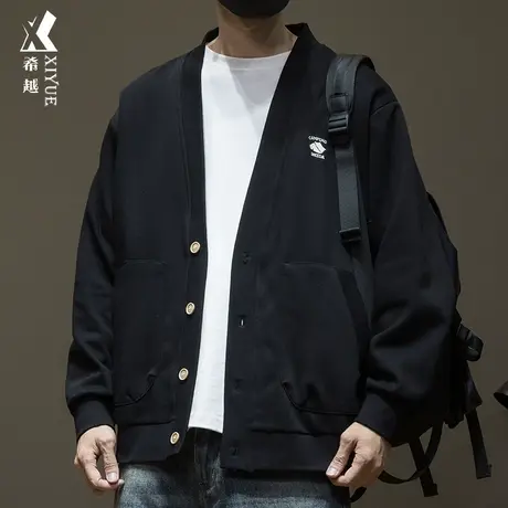 希越户外休闲印花卫衣男秋季宽松大码ins百搭360g重磅V领开衫外套图片