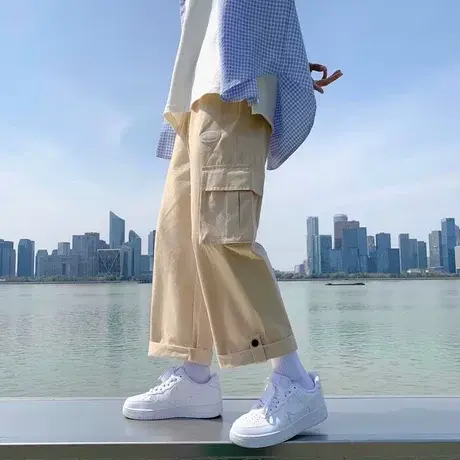 卡其色日系工装裤子男夏季潮牌高街大码宽松直筒阔腿休闲九分长裤商品大图