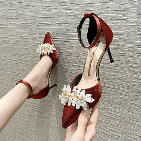 一字带新娘结婚单鞋女细跟2023年夏季新款性感百搭尖头水钻高跟鞋图片