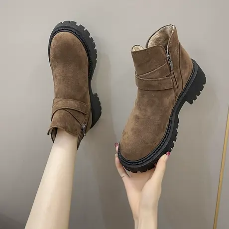 绒面法式小踝靴复古靴子女2023新款洋气韩系高级感小短靴超火短靴图片