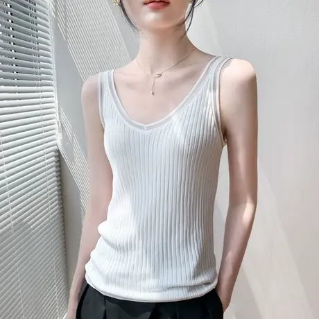 两面穿吊带背心女2023夏季新款坑条深V领露背低领冰丝上衣薄款商品大图