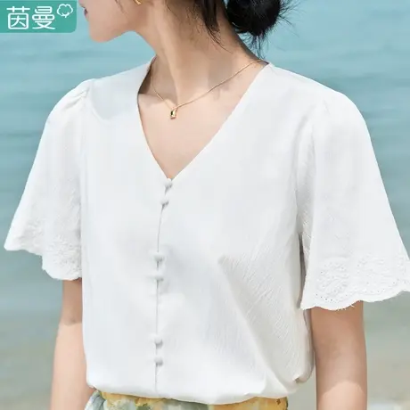 茵曼旗舰店官网正品短袖衬衫白色衬衣2023新款女款上衣夏天短款图片