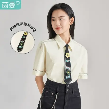 【商场同款】茵曼领带衬衫女2023夏季新款翻领学院风宽松纯棉衬衣商品大图