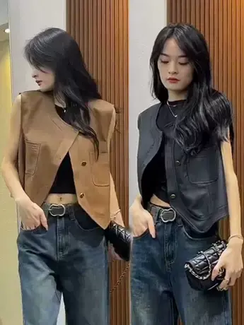 皮马甲外套女2023新款早秋季百搭气质休闲宽松时尚坎肩短款外套女商品大图