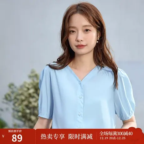 茵曼2023夏女装新款V领泡泡袖短袖衬衣商品大图