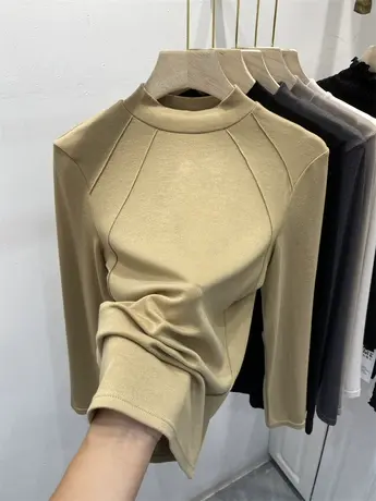 欧货拼接简约亲肤长袖T恤女2023秋季新款时尚显瘦百搭打底衫上衣商品大图