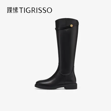 蹀愫冬季牛皮粗跟圆头不过膝长筒靴显瘦骑士靴TA54719-52商品大图