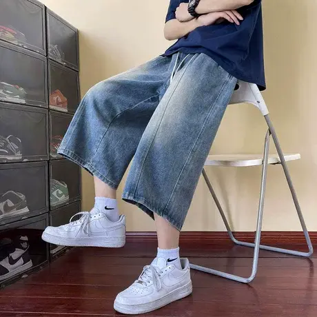 七分牛仔裤男夏季直筒宽松休闲短裤男阔腿八分裤潮牌复古哈伦马裤商品大图