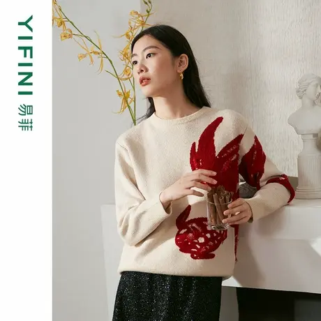 [专柜同款]Yifini/易菲新年鱼剪影简约宽松短款针织衫百搭套头衫商品大图