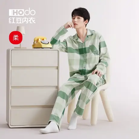 红豆男士纯棉睡衣春秋宽松柔软冬季磨毛格子居家长袖家居服套装商品大图