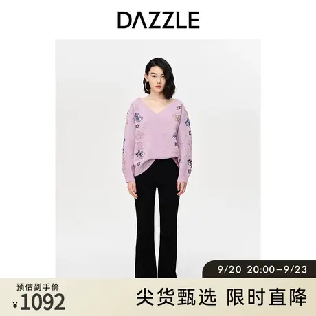 DAZZLE地素奥莱春秋法式宽松V领慵懒风提花套头针织毛衣上衣女图片