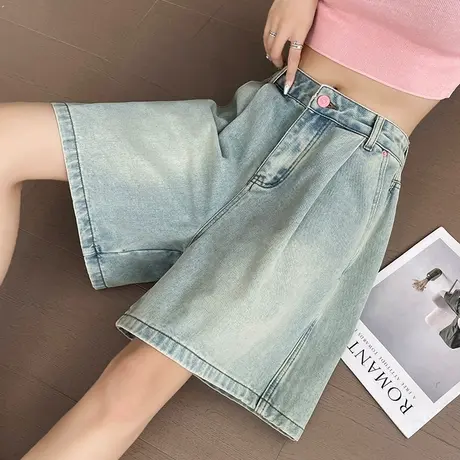 复古A字阔腿牛仔短裤女夏季薄款高腰宽松小个子显瘦冰丝五分中裤图片