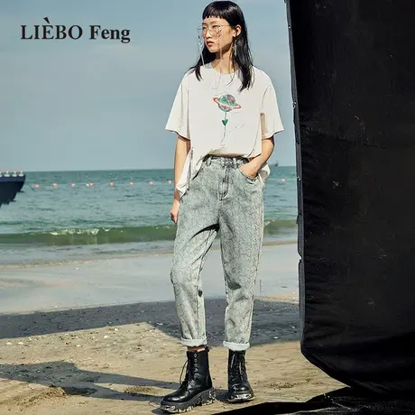 裂帛LIEBOFeng原创设计chic时髦老爹裤刺绣直筒显瘦牛仔九分裤女商品大图