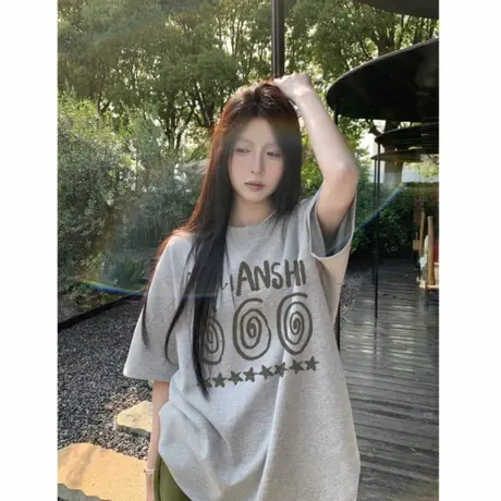 纯棉夏季美式复古落肩短袖t恤女2025新款设计感小众宽松潮牌上衣商品大图