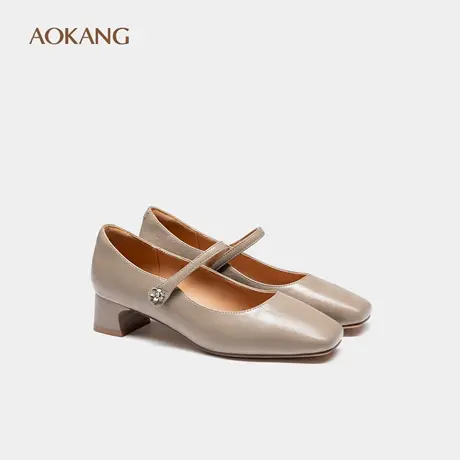 奥康 女鞋秋季新款复古方头浅口单鞋法式粗跟玛丽珍图片