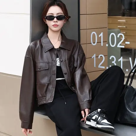 拉夏贝尔皮衣女短款2025春秋新款pu皮夹克外套机车服气质高端上衣图片