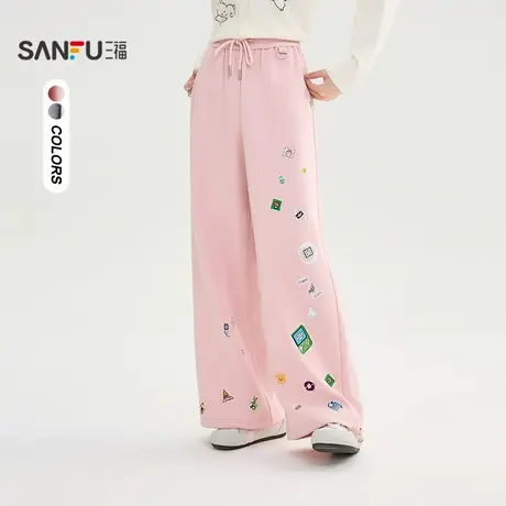 三福休闲裤2025秋季贴标装饰裤宽松弯刀裤长裤女装507794商品大图