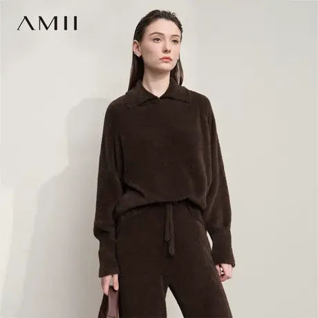 Amii2025秋新款极简宽松弹力环保貂绒纱翻领套头插肩长袖毛衣女商品大图