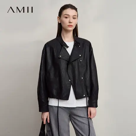Amii【酷飒机车风】2025秋复古帅气极简风夹克廓形PU皮衣外套女商品大图