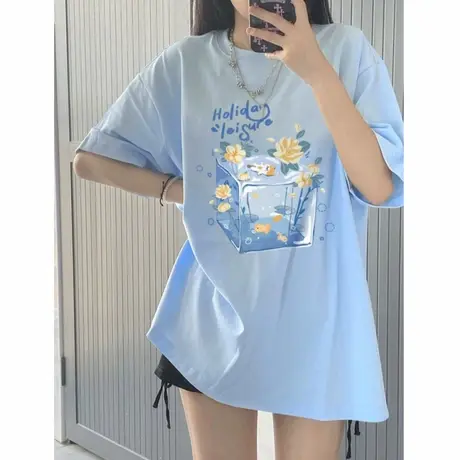 纯棉浅蓝色短袖t恤女2025新款夏季高端欧货大版半袖宽松百搭上衣商品大图