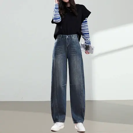 美式复古莱赛尔弯刀牛仔裤女2025新款春秋季高腰宽松显瘦阔腿长裤商品大图