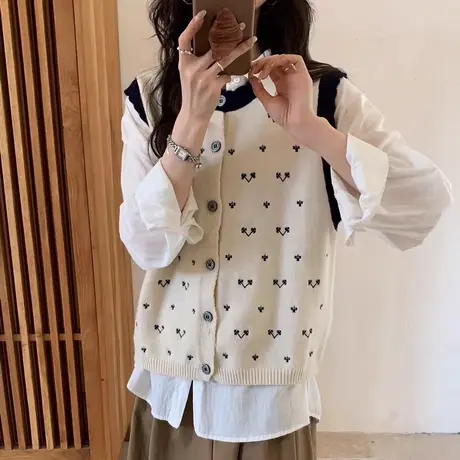 学院风针织马甲开衫女秋季2025新款宽松圆领叠穿无袖毛衣背心外套商品大图