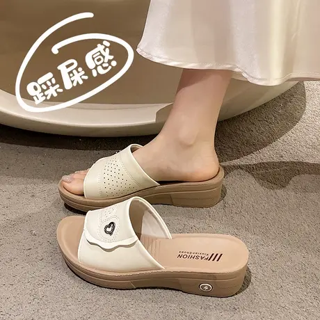 外穿妈妈凉拖鞋女士真皮厚底一字拖夏季时尚中老年凉鞋子软底防滑商品大图