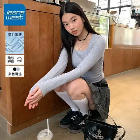 KV真维斯灰色长袖t恤女2025新款春秋短款紧身时髦流行洋气上衣女商品大图
