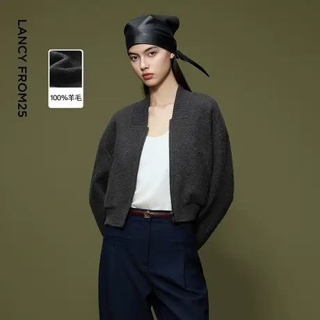 朗姿复古风纯羊毛夹克棒球服气质时尚百搭v领外套2025年冬季新款商品大图
